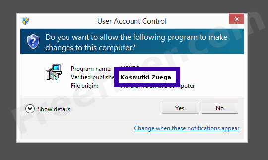Screenshot where Koswutki Zuega appears as the verified publisher in the UAC dialog
